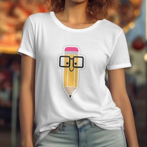 Cute Pencil Cartoon Character T-Shirt, Yellow Pencil with Glasses and Smile, Unisex Tee