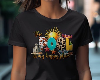 T-shirt La piscine, c'est mon endroit heureux, t-shirt estival amusant pour une fête à la piscine, chemise de vacances à la plage, imprimé animalier, tenue décontractée colorée