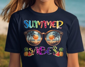Summer Vibes Graphic Tee: Beach Sunset Sunglasses, Pineapple Watermelon Print