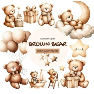 Ausgeblasene Bär Clipart, DIGITAL DOWNLOAD, süße Aquarell Illustrationen, Boho Bären, Aquarell Baby Dusche Clipart, Junk Journal