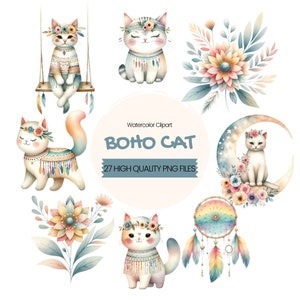 Clipart de gato boho, gato com ilustrações digitais florais, download digital de arte felina para artesanato e decoração, diário de lixo artesanal de papel, álbum de recortes