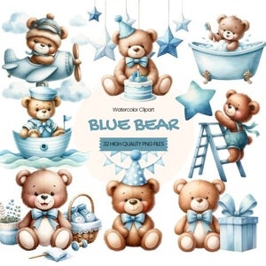 Blue Bear Clipart, DIGITALE DOWNLOAD, Leuke aquarelillustraties, Boho Bears, Aquarel Baby Shower Clipart, Junk Journal
