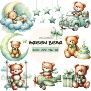 Grüner Teddybär Clipart, DIGITAL DOWNLOAD, süße Aquarell Illustrationen, Boho Bären, Aquarell Baby Dusche Clipart, Junk Journal