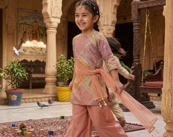 Girl Indo-Western Palazzo Set with Patchwork and Silver Lace Trim