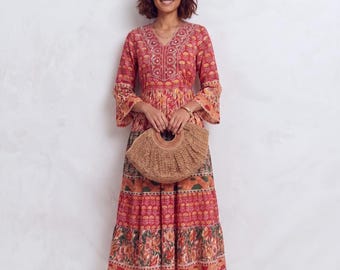 Boho Smocked Midi Dress | Jaipur Print, Puff Sleeves, Tiered Skirt