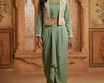 Green Fusion Lehenga Choli Set | Modern Indian Festive Wear