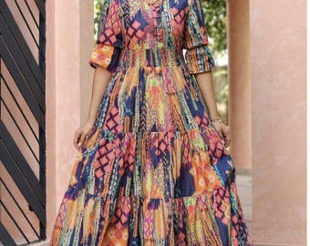 Boho Smocked Midi Dress | Jaipur Leaf Print, Puff Sleeves, Tiered Skirt