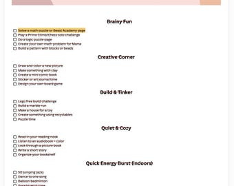 Boredom Menu – kids choice board Kids Age 6-9 (Printable PDF)