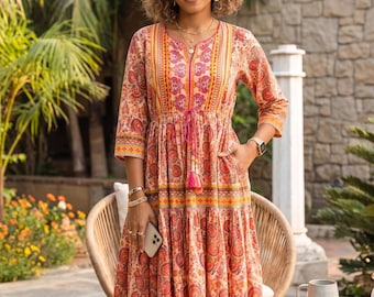 Boho Smocked Midi Dress | Jaipur Leaf Print, Puff Sleeves, Tiered Skirt