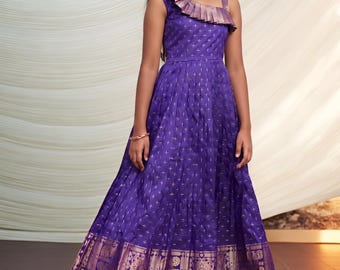 Girls' Purple Silk Anarkali Gown with Traditional Zari Border
