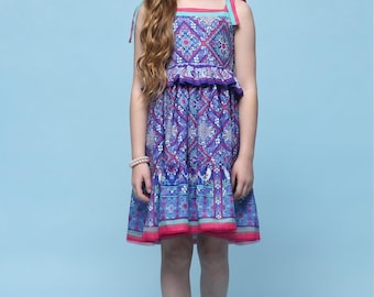 Vibrant Blue Geometric Print Tiered Sundress with Pink Accents