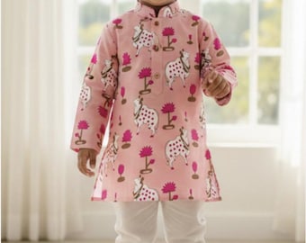Kids Kurta set with Kaamdhenu cow print| Festive wear| Rakhi| Diwali| Eid | Garba