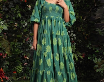 Emerald Boho Midi Dress | Jaipur Leaf Print, Puff Sleeves, Tiered Skirt