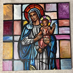 Stained Glass-Inspired Virgin Mary and Child – Original Oil Painting on Canvas