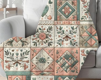 Könnte beinhalten: Eine dekorative Tagesdecke mit Patchwork-Design. Die Decke zeigt ein sich wiederholendes Muster aus Quadraten mit floralen und Herzmotiven in Rosa-, Türkis- und Cremetönen. Die Decke ist über ein graues Sofa drapiert.