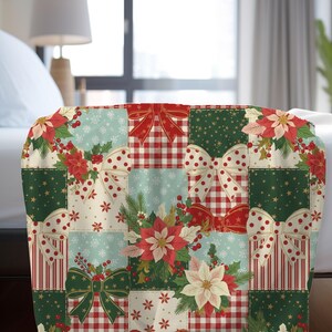 May include: A festive patchwork blanket with a Christmas theme. The design incorporates red and white gingham, polka dots, and stripes, alongside poinsettias, bows, and holly. The color scheme is a blend of red, green, white, and light blue.
