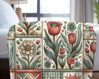 Könnte beinhalten: Eine floral gemusterte Decke mit Patchwork-Design. Sie zeigt rote Tulpen, blaue und beige Blumen und geometrische Formen. Die Decke ist über ein Bett drapiert und zeigt ihre komplizierten Details und Farben.