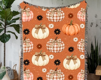 Fall pumpkin Woven throw blanket autumn decor home decor, Family Room decor Sofa blanket,  College dorm decor fall aesthetic