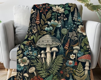 Cottagecore throw blanket for couch, cozy christmas gift for daughter, nature lover gift, woodland decor for home, mushroom gifts, snuggle