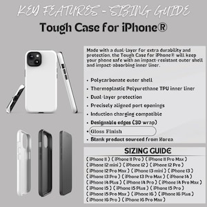 May include: White and black iPhone Tough Cases are displayed, showcasing a dual-layer design for protection. The image highlights key features like a polycarbonate outer shell, TPU inner liner, and compatibility with various iPhone models. Text includes a sizing guide.