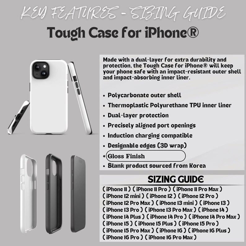May include: White and black iPhone Tough Cases are displayed, showcasing a dual-layer design for protection. The image highlights key features like a polycarbonate outer shell, TPU inner liner, and compatibility with various iPhone models. Text includes a sizing guide.