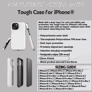 May include: White and black iPhone Tough Cases are displayed, showcasing a dual-layer design for protection. The image highlights key features like a polycarbonate outer shell and a thermoplastic polyurethane inner liner. The sizing guide lists various iPhone models.