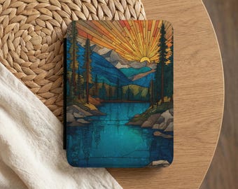 Funda para Kindle con diseño de paisaje montañoso al atardecer en vidrieras de 7", funda para Kindle con correa, regalo ideal para amantes de los libros.