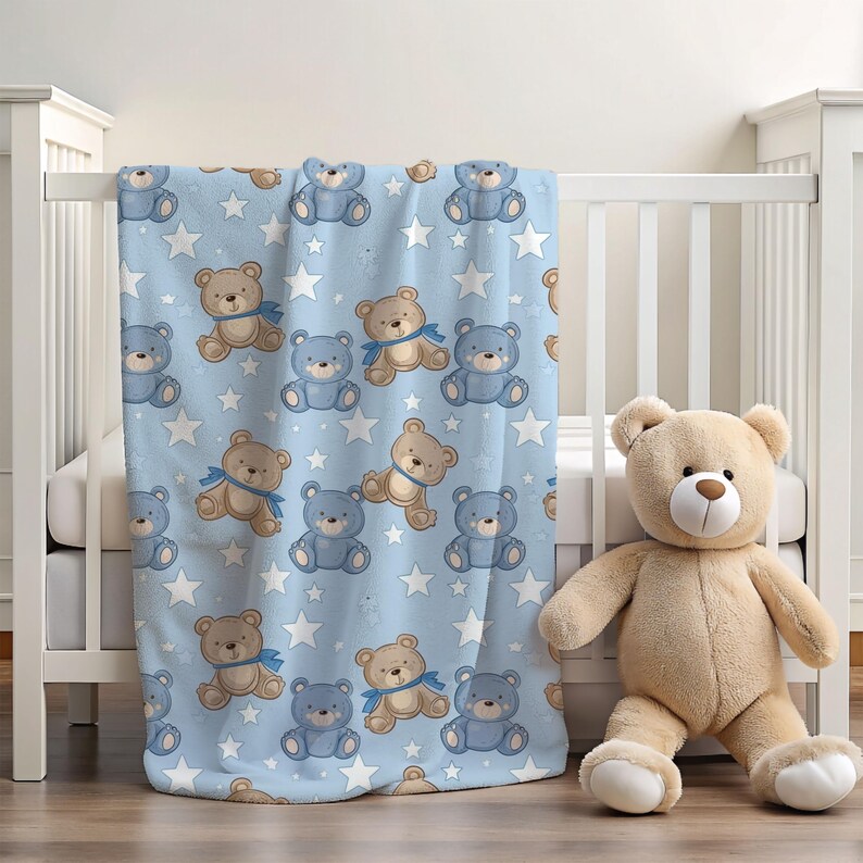 Blue Baby Blanket Teddy Bear Nursery Decor, Cute Christmas Gift for New