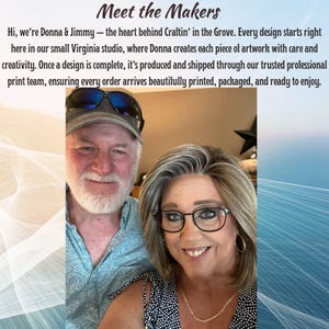 May include: A photograph of Donna and Jimmy, the creators of Craftin' in the Grove, smiling at the camera. The text "Meet the Makers" is at the top, with a description of their creative process.