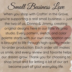 May include: Text on a beige background reads "Small Business Love." The text describes the business Craftin' in the Grove, highlighting their original designs and made-to-order production. Two heart shapes are visible.