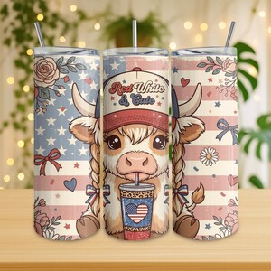 Highland Cow Patriotic Tumbler Slim 20 oz med sugrör och lock