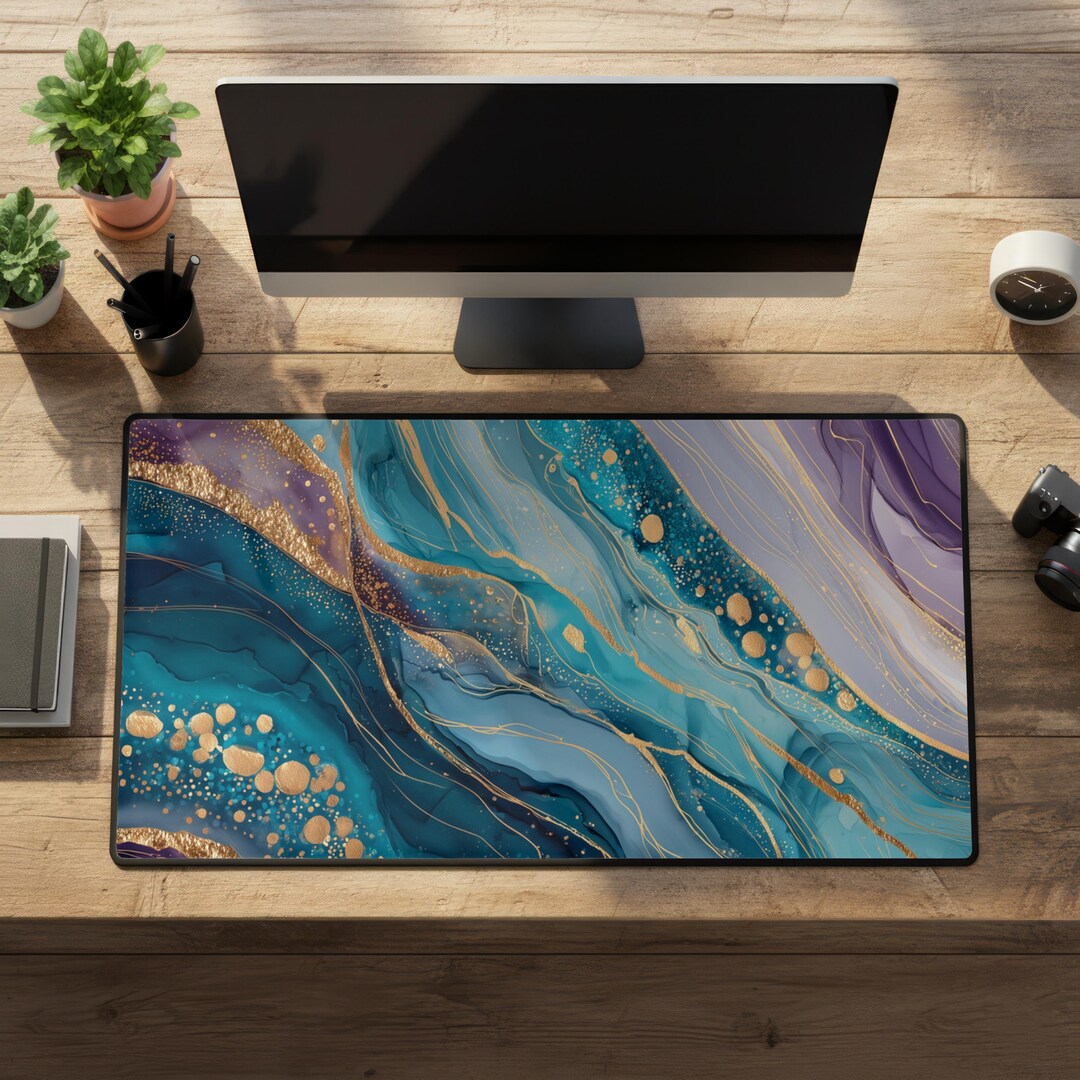 Teal Purple Gold Marble Computer Desk Mat, Alcohol Ink Crystal Fluid ...