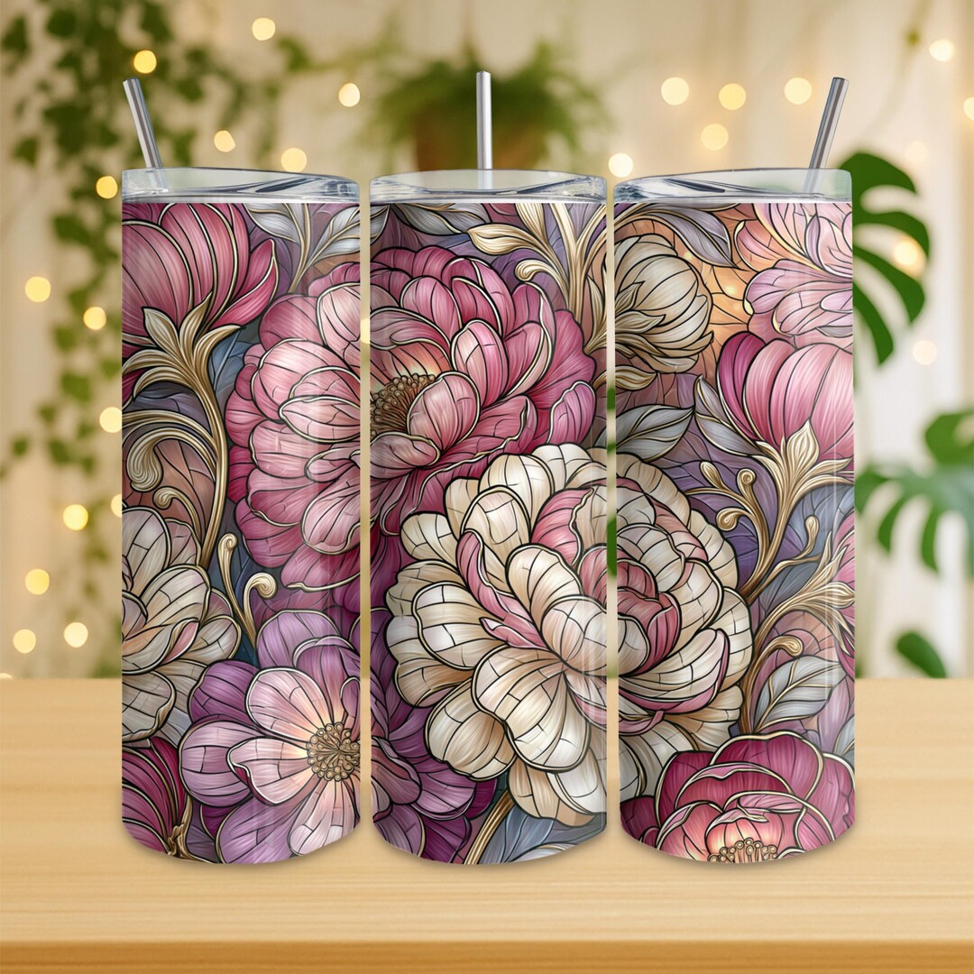 Stained Glass Floral Tumbler With Straw and Lid, 20 Oz Stainless Steel ...