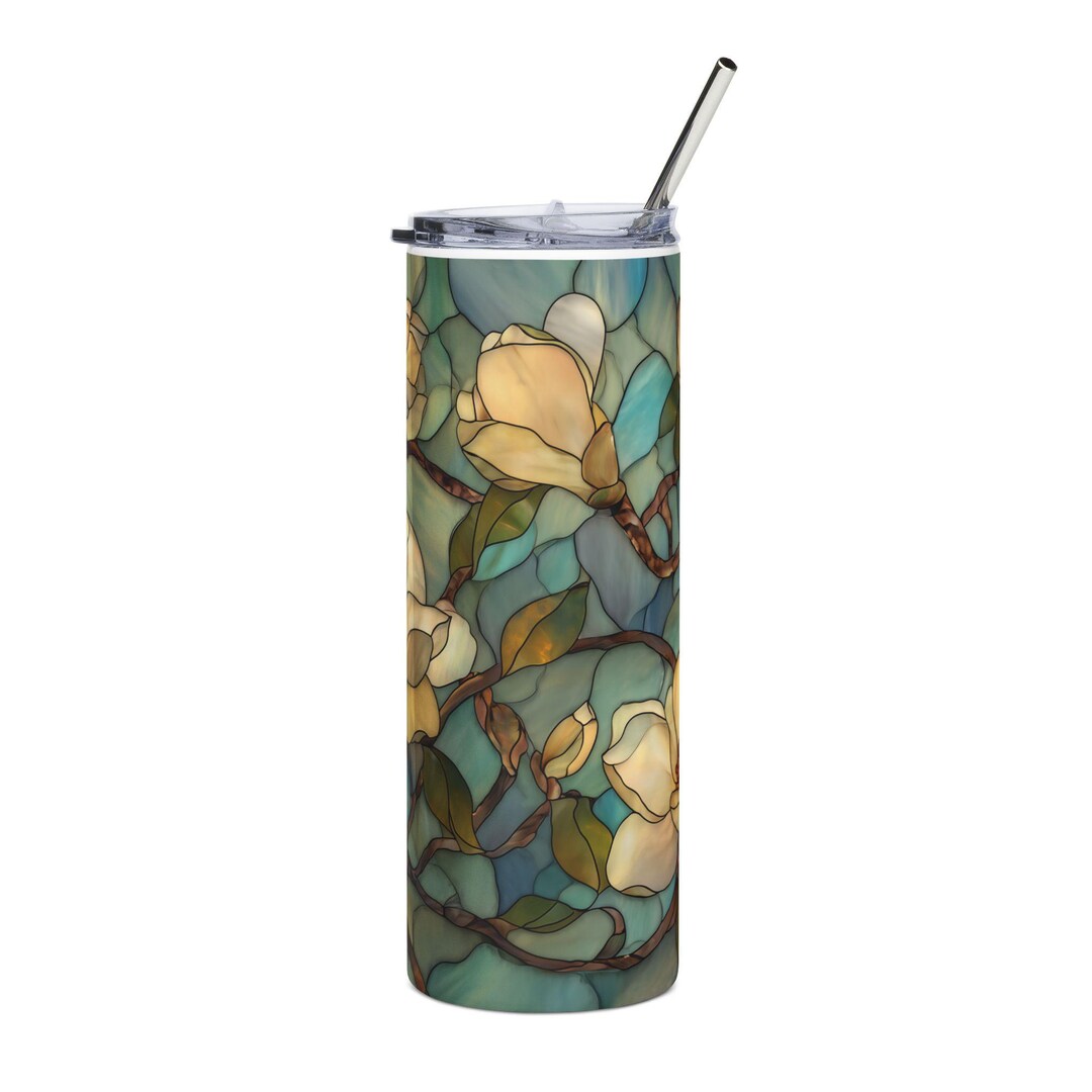 Stained Glass Floral Tumbler, 20oz Skinny Tumbler With Straw and Lid ...