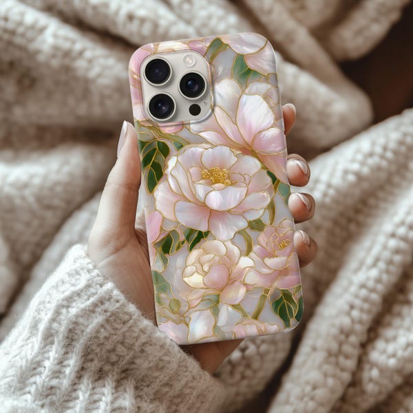 Stained Glass Peony Floral iPhone case 17 16 15 14 13 12 11, Samsung Galaxy S12 S22 S23 S24 S25, Tough phone case