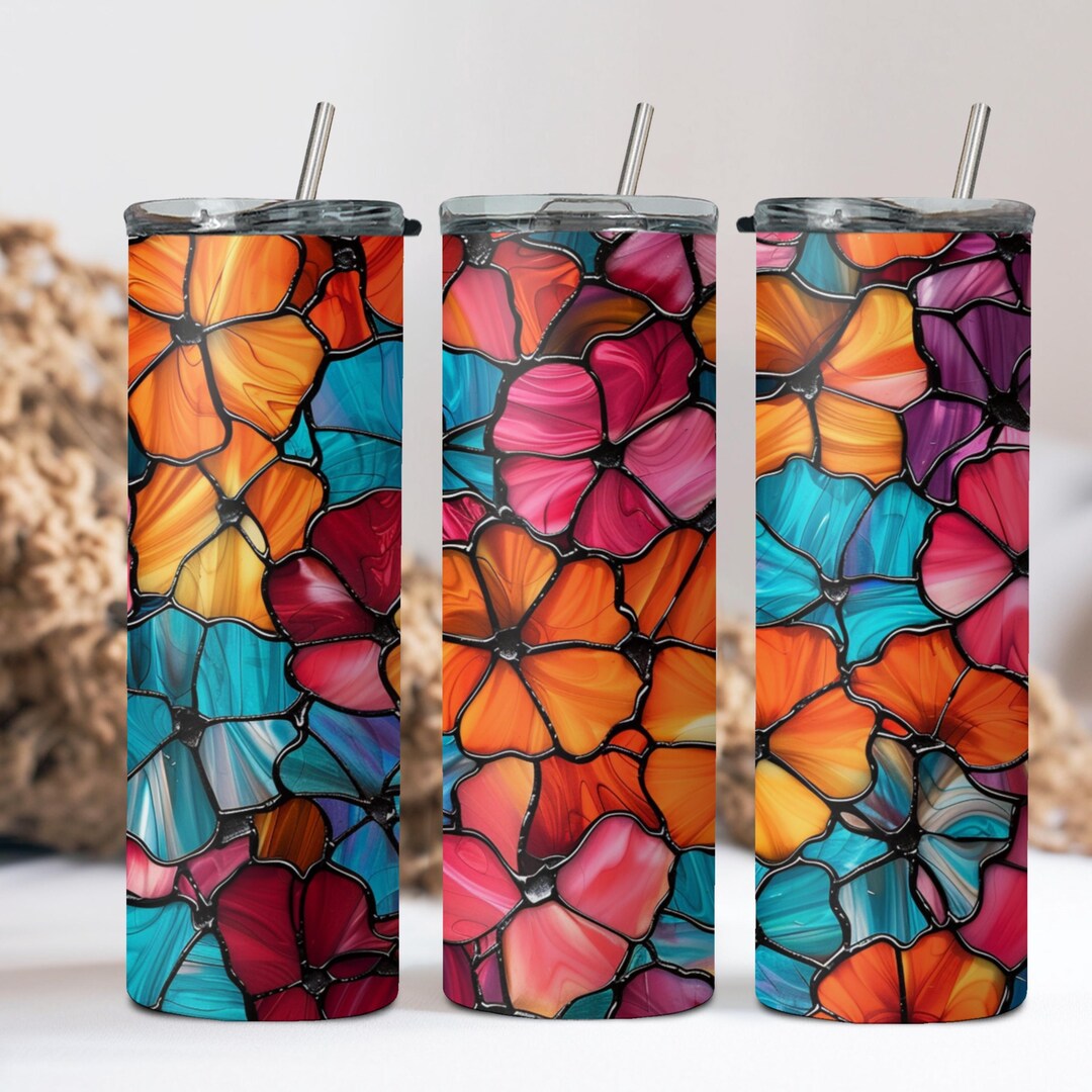 Faux Stained Glass Floral Tumbler, 20oz Skinny Tumbler With Straw and ...