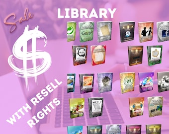 May include: A pink background with a white dollar sign and the text "Sale" and "400K Digital Library with Resell Rights". The image shows a collection of digital products, including ebooks and guides, on a keyboard.