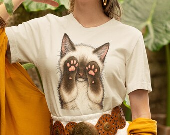 Siamese Cat Paw Covering Face T-Shirt | Cute Cat Illustration Tee