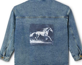 Blue Galloping Horse print Denim Jacket | Vintage Equestrian design