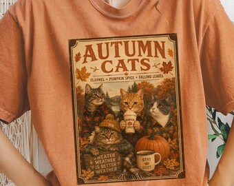 Maglietta con gatti autunnali, maglietta vintage con zucca e spezie / design autunnale con gatto e tazza di caffè e zucca