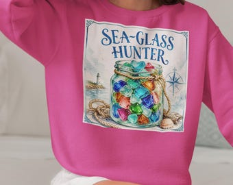 Sea Glass Hunter Sweatshirt | Jar of Colorful Sea Glass Beach Design