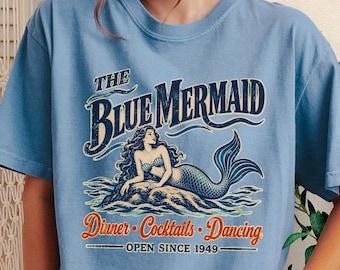 Blue Mermaid Diner Retro Mermaid T-shirt | Dinner Cocktails Dancing Vintage Sign