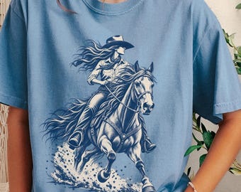 Cowgirl Riding Horse T-Shirt | Western Rodeo Horseback Artwork
