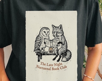 Late Night Nächtliches Buchklub-T-Shirt | Eule und Fuchs Design
