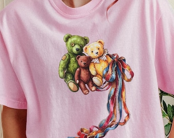 Teddybären mit Band T-Shirt | Vintage Plüschtier Illustration
