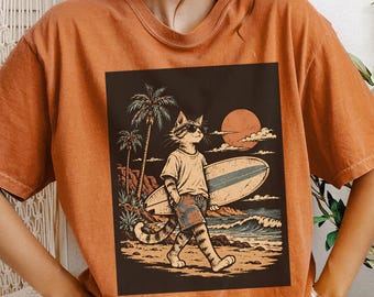 Cat with Surfboard Sunset T-Shirt | Retro Beach Vibe