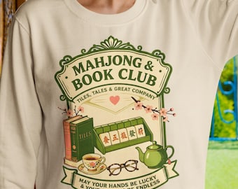 Mahjong & Book Club Rundhals-Sweatshirt | Mahjong Fliesen, Bücher, Tee Illustration