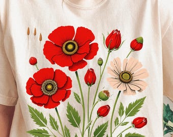 Rote Mohnblumen-Blumenillustrations-T-Shirt | Vintage Botanischer Garten Tee