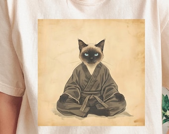 Meditierende siamesische Katze T-Shirt | Zen Katzen Illustration, Vintage buddhistischer Stil