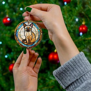 Siamese Cat Ornament, Stained Glass Design on Ceramic,  Festive Home Décor, Pet Lover Gift, Holiday Ornament, Cat Christmas Ornament